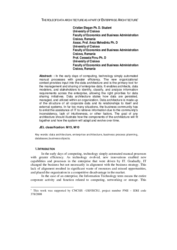 (PDF) The Role of Data Architecture as a Part of Enterprise Architecture