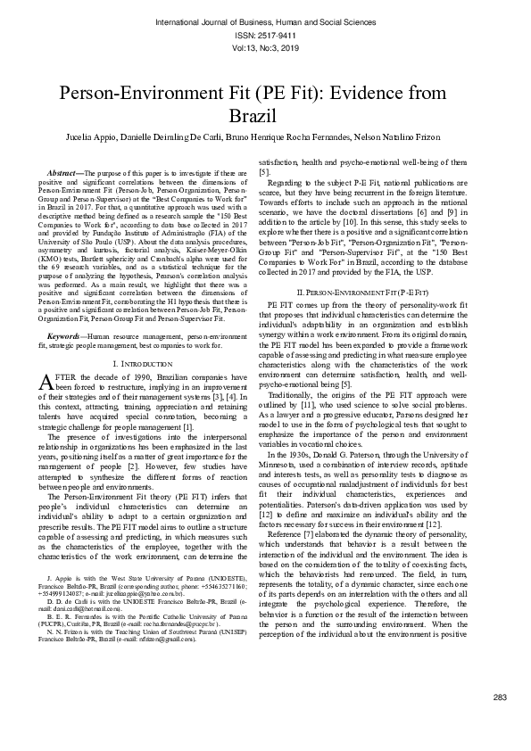 (PDF) Person-Environment Fit (PE Fit): Evidence from Brazil