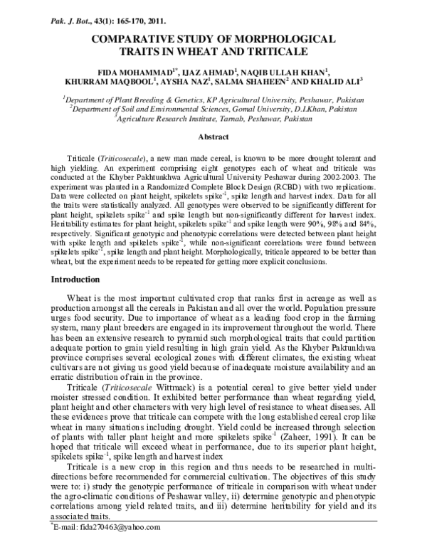 (PDF) Comparative study of morphological traits in wheat and triticale