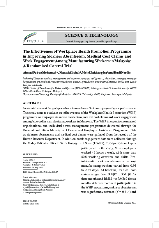(PDF) The Effectiveness of Workplace Health Promotion Programme in ...