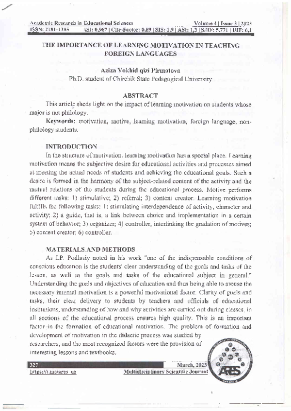 (PDF) THE IMPORTANCE OF LEARNING MOTIVATION IN TEACHING FOREIGN LANGUAGES