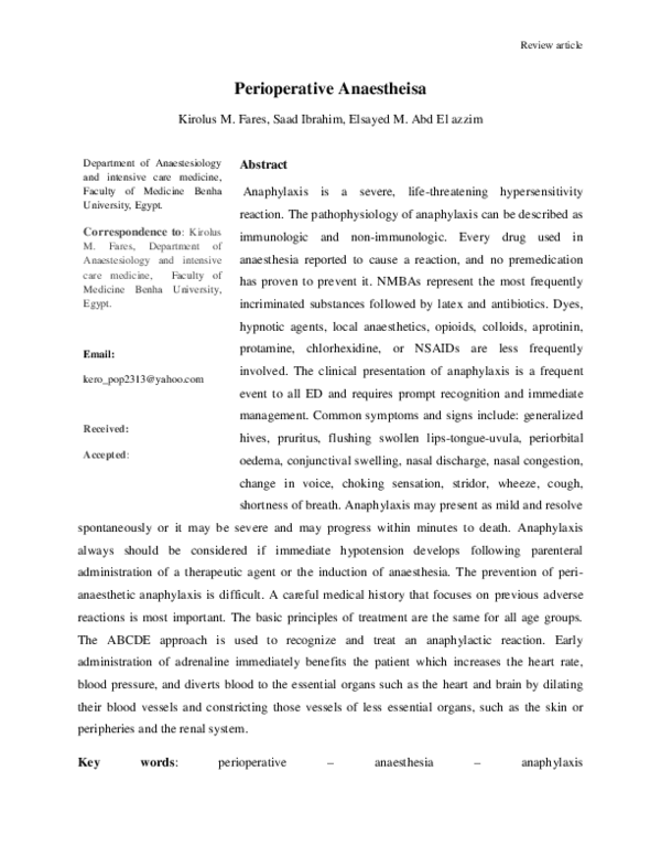 (PDF) Perioperative anaphylaxis