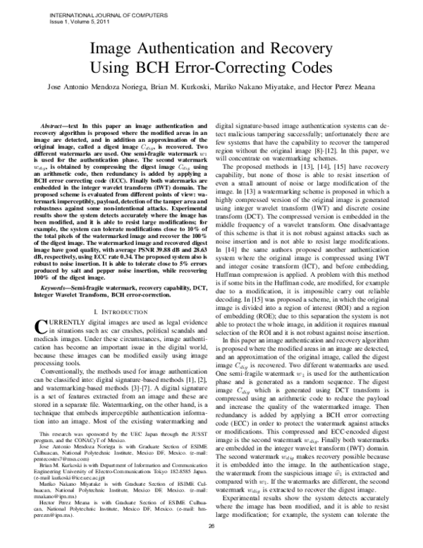 (PDF) Image Authentication and Recovery using BCH Error-Correcting Codes