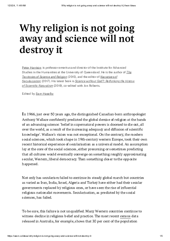 (PDF) Why religion is not going away and science will not destroy it