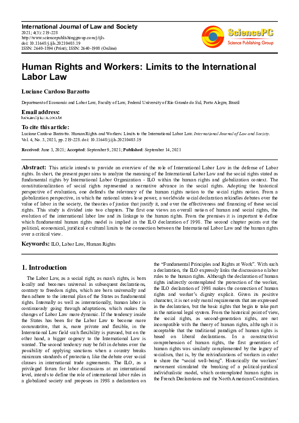 (PDF) Human Rights and Workers: Limits to the International Labor Law