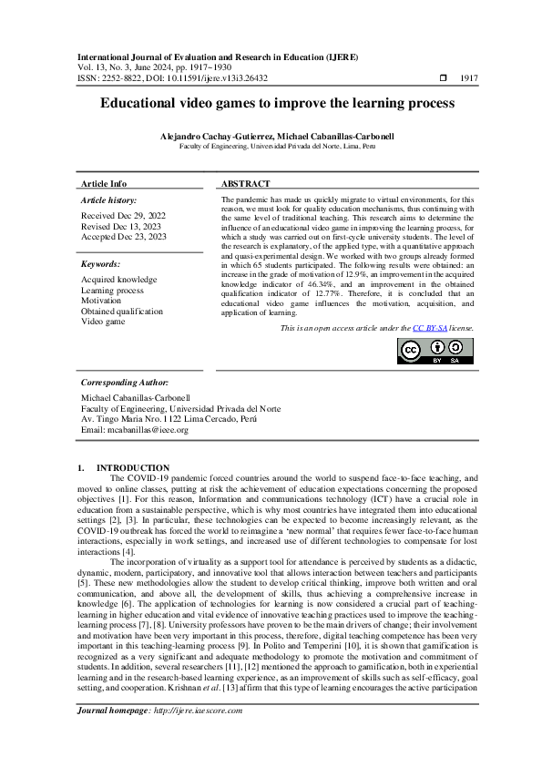 (PDF) Educational video games to improve the learning process