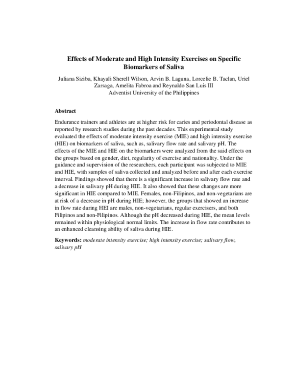 (PDF) Effects of Moderate and High Intensity Exercises on Specific ...