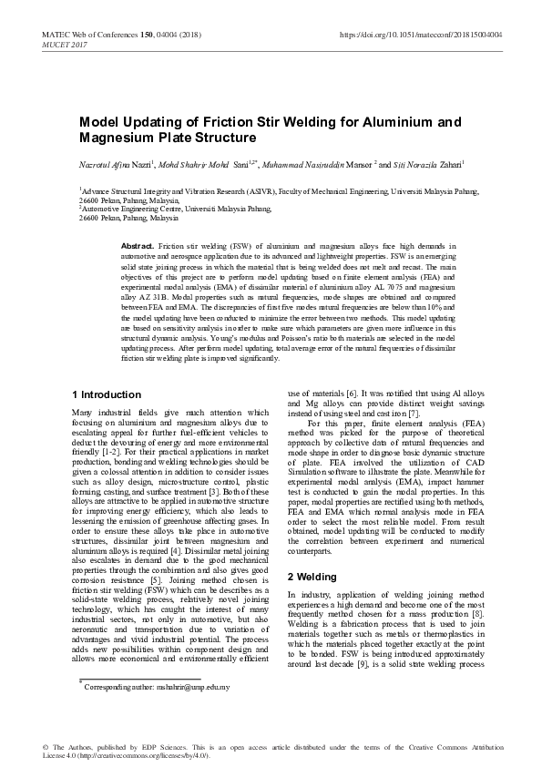 (PDF) Model Updating of Friction Stir Welding for Aluminium and ...