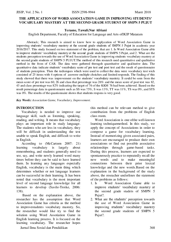 (PDF) The Application of Word Association Game in Improving Students ...