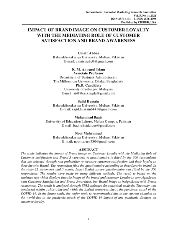 (PDF) Impact of Brand Image on Customer Loyalty with the Mediating Role ...