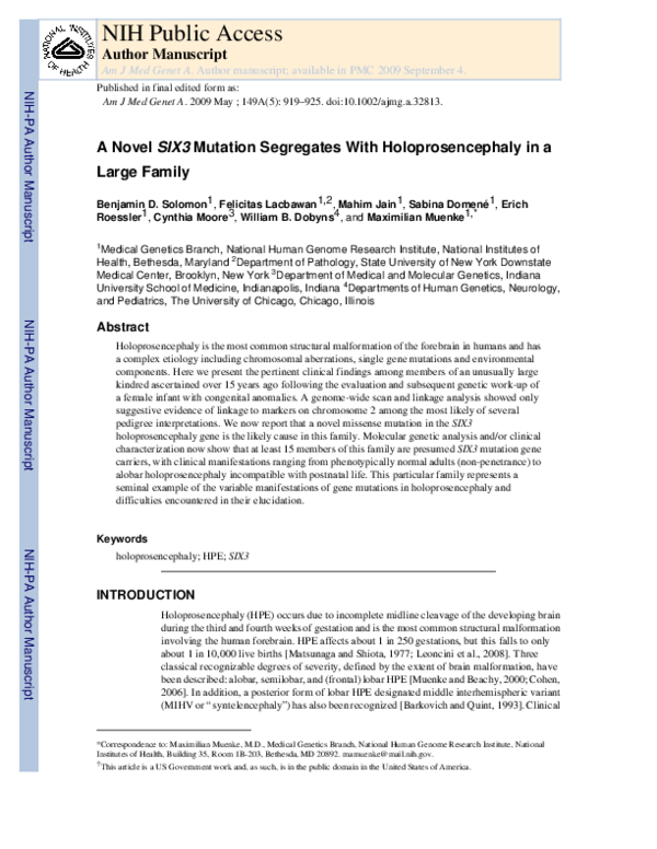 (PDF) A novel SIX3 mutation segregates with holoprosencephaly in a ...
