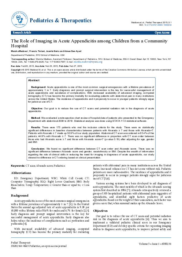 (PDF) The Role of Imaging in Acute Appendicitis among Children from a ...