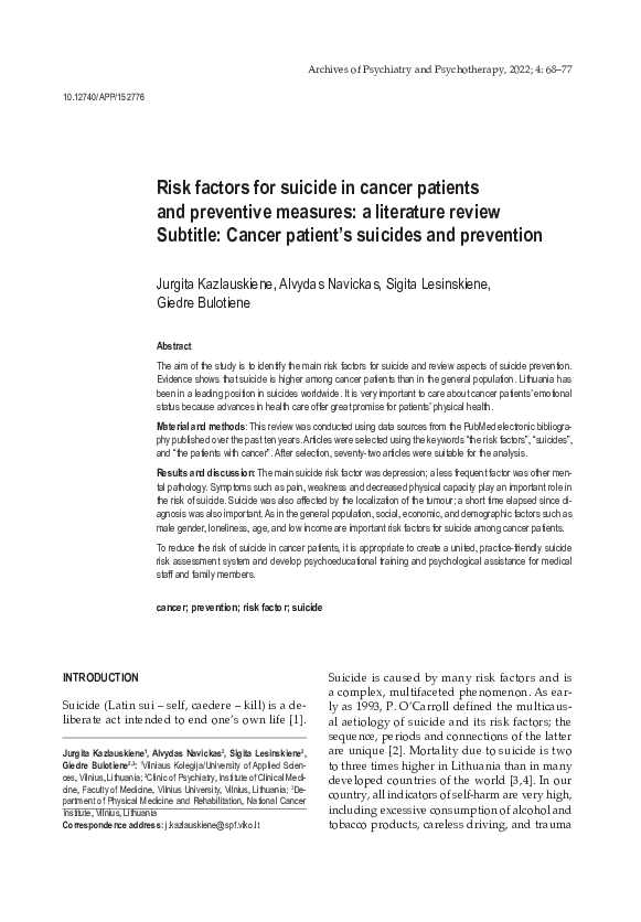 (PDF) Risk factors for suicide in cancer patients and preventive ...