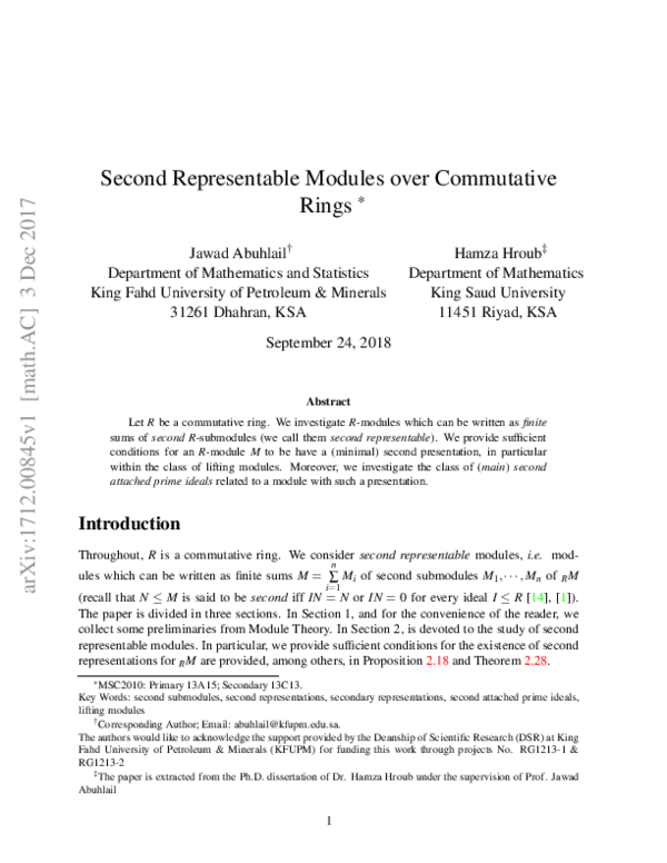 (PDF) Second Representable Modules over Commutative Rings