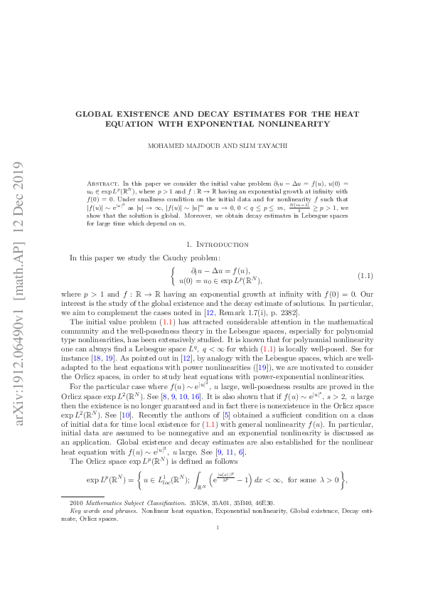 (PDF) Global existence and decay estimates for the heat equation with ...