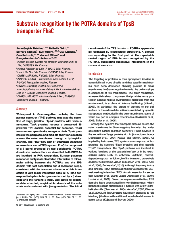 (PDF) Substrate recognition by the POTRA domains of TpsB transporter FhaC