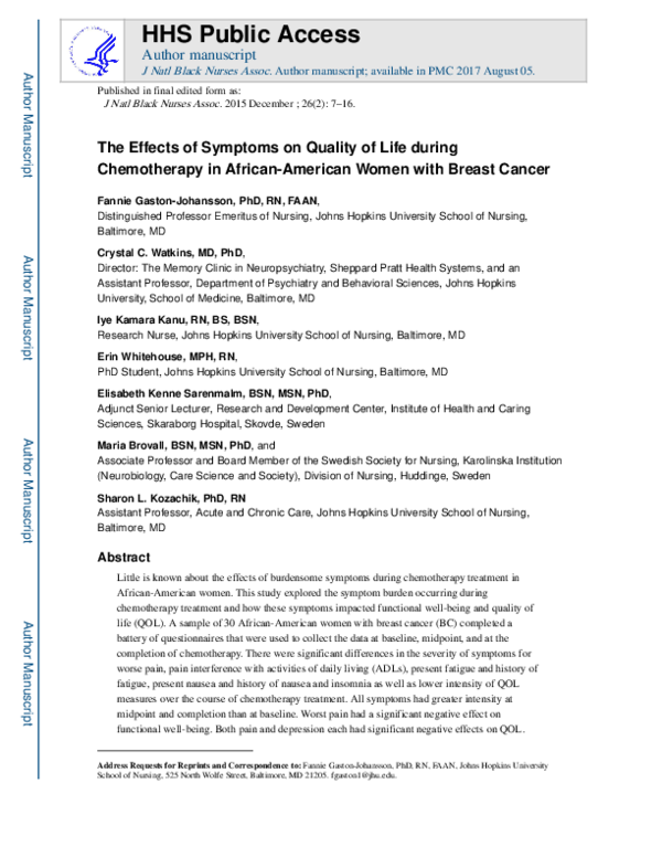 (PDF) The Effects of Symptoms on Quality of Life during Chemotherapy in ...
