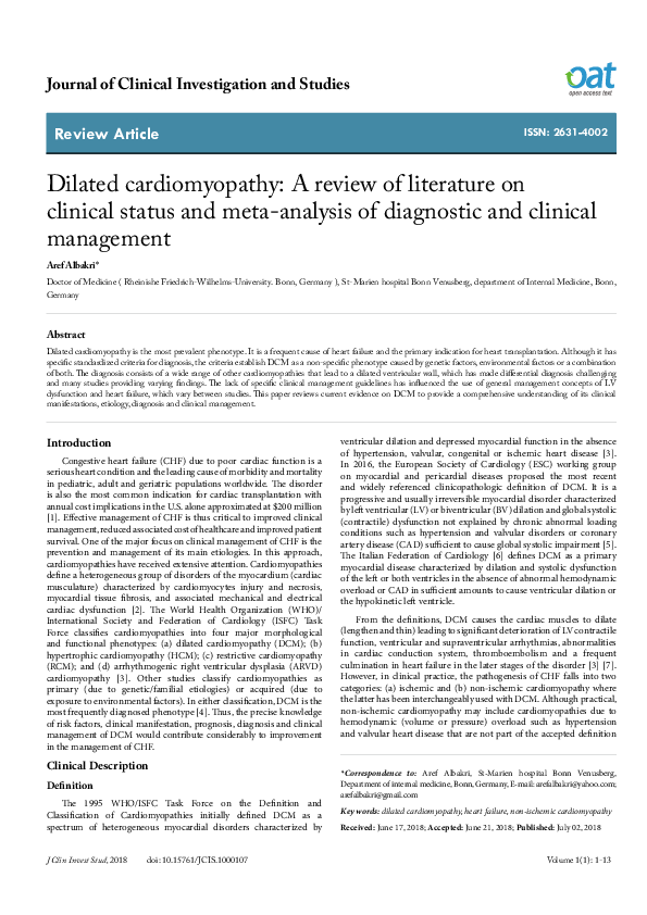 (PDF) Dilated cardiomyopathy: a review of literature on clinical status ...