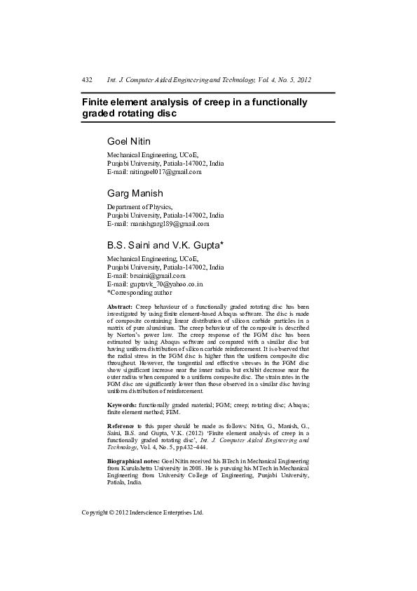 (PDF) Finite element analysis of creep in a functionally graded ...