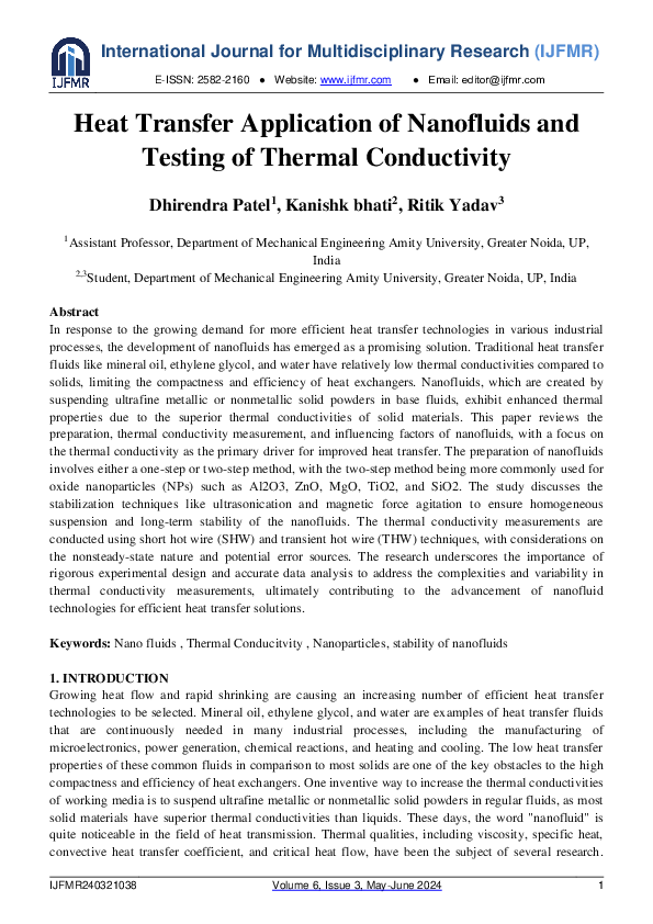 (PDF) Heat Transfer Application of Nanofluids and Testing of Thermal ...