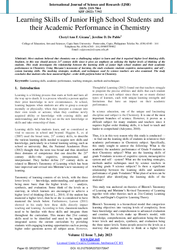 (PDF) Learning Skills of Junior High School Students and their Academic ...