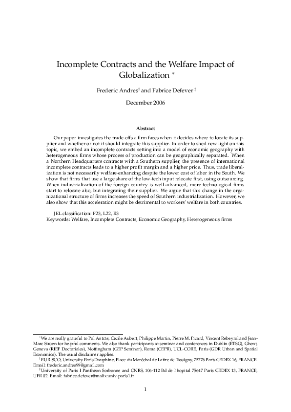 (PDF) Incomplete Contracts and the Welfare Impact of Globalization