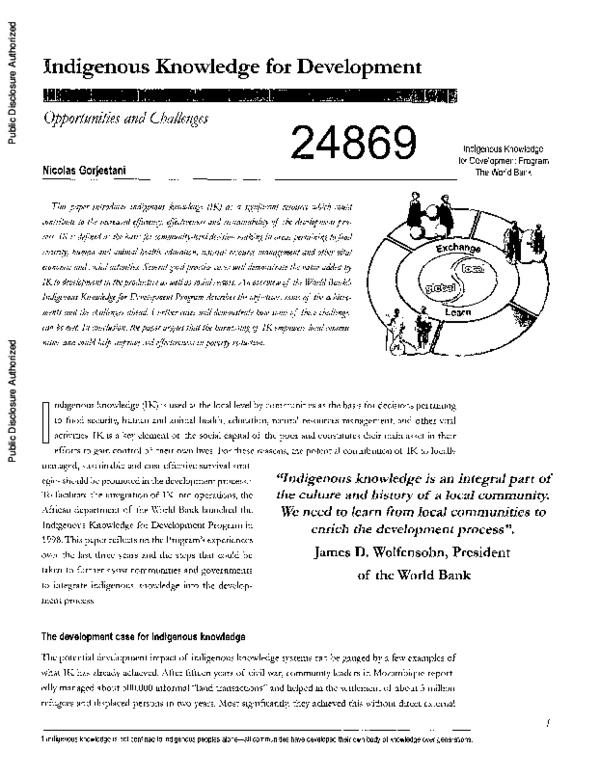(PDF) Indigenous knowledge for development : opportunities and challenges