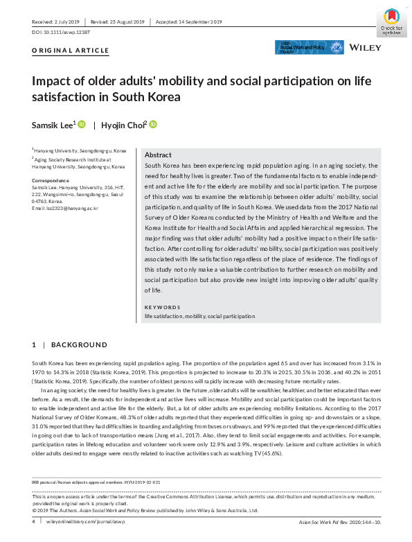 (PDF) Impact of older adults' mobility and social participation on life ...