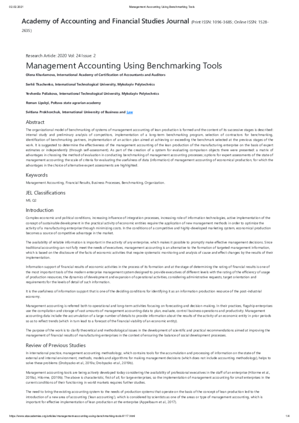 (PDF) Management Accounting Using Benchmarking Tools