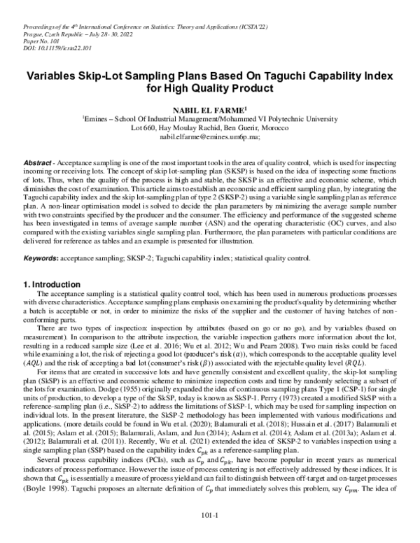 (PDF) An efficient Skip Lot Sampling Plan by Variables Based on Taguchi ...
