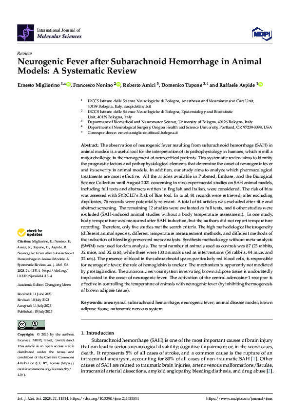 (PDF) Neurogenic Fever after Subarachnoid Hemorrhage in Animal Models ...