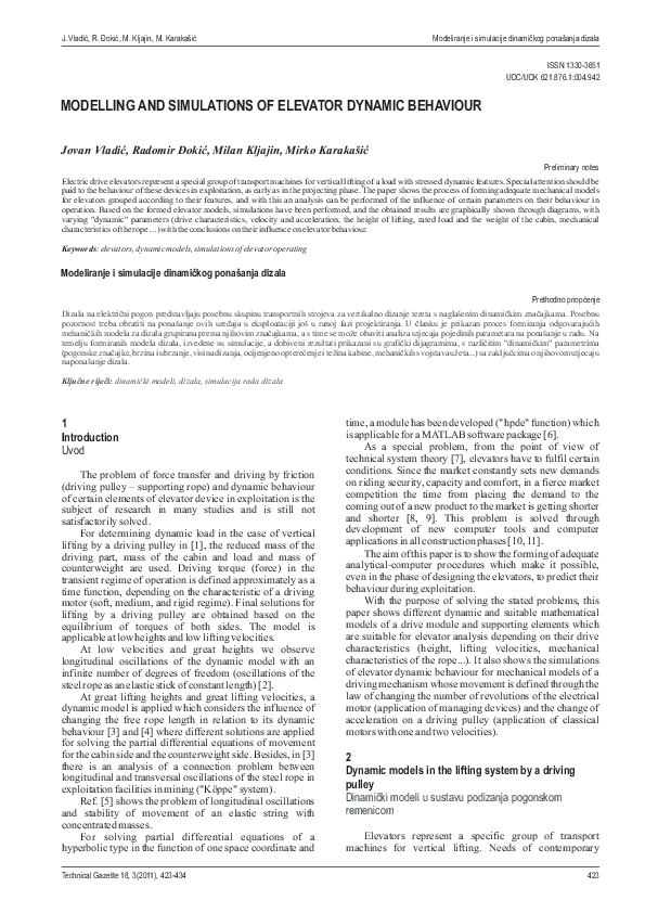 (PDF) Modelling and simulations of elevator dynamic behaviour