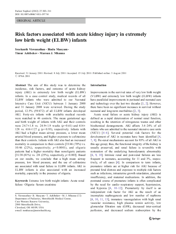 (PDF) Risk factors associated with acute kidney injury in extremely low ...