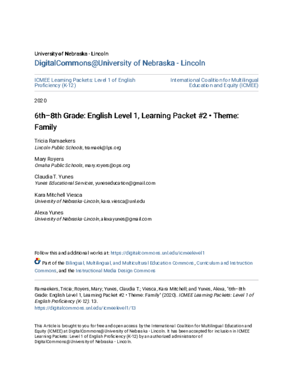 (PDF) 6th–8th Grade: English Level 1, Learning Packet #2 • Theme: Family