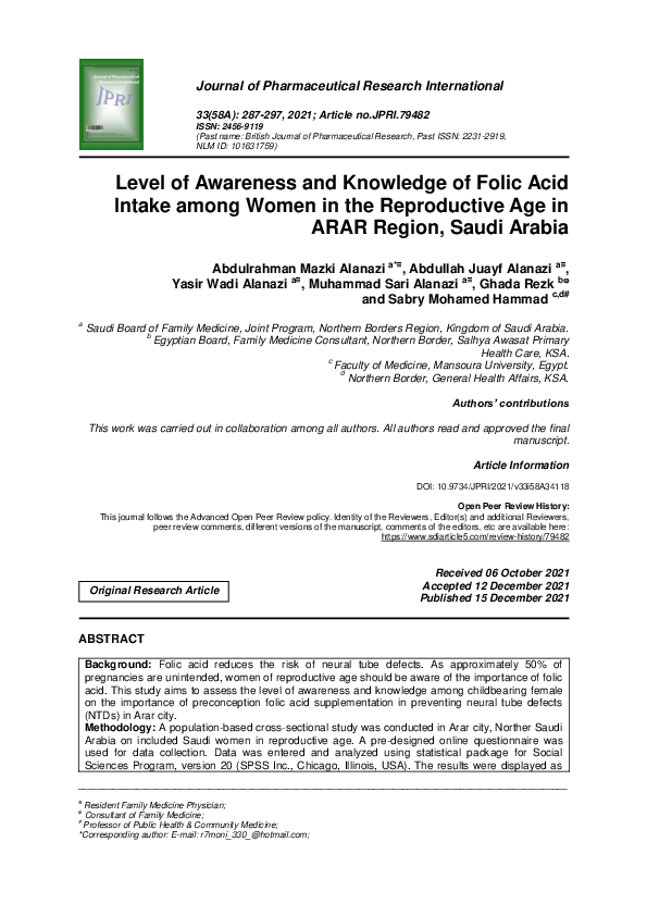 (PDF) Level of Awareness and Knowledge of Folic Acid Intake among Women ...