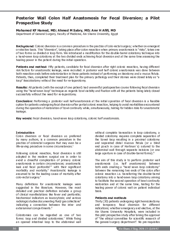 (PDF) Posterior Wall Colon Half Anastomosis for Fecal Diversion; a ...