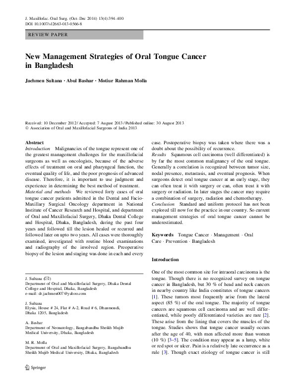(PDF) New Management Strategies of Oral Tongue Cancer in Bangladesh