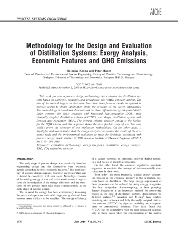 (PDF) Methodology for the design and evaluation of distillation systems ...
