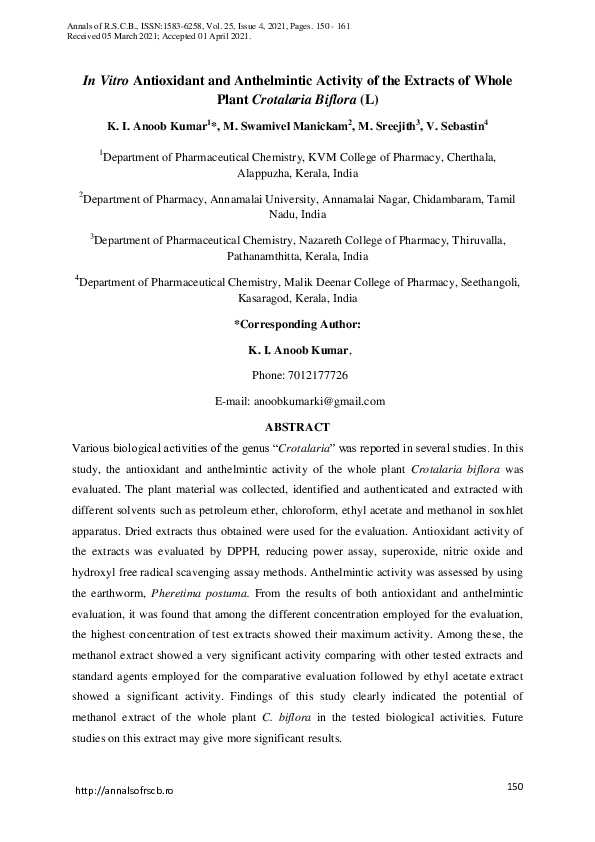 (PDF) In Vitro Antioxidant and Anthelmintic Activity of the Extracts of ...