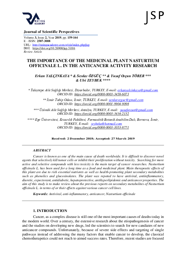 (PDF) The Importance of the Medicinal Plant Nasturtium Officinale L. In ...