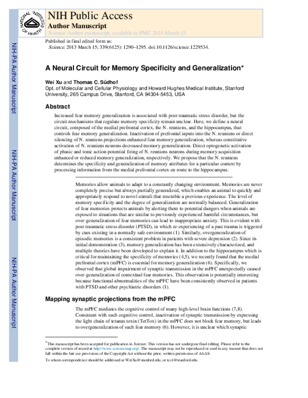 (PDF) Faculty of 1000 evaluation for A neural circuit for memory ...