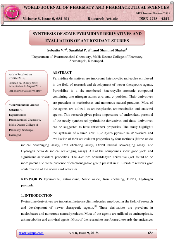 (PDF) SYNTHESIS OF SOME PYRIMIDINE DERIVATIVES AND EVALUATION OF ...