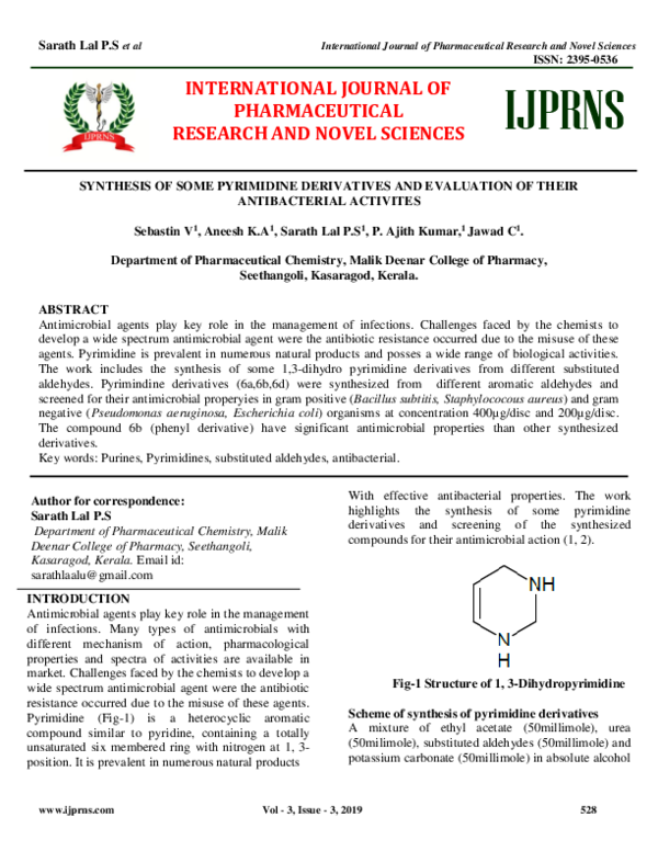 (PDF) SYNTHESIS OF SOME PYRIMIDINE DERIVATIVES AND EVALUATION OF THEIR ...
