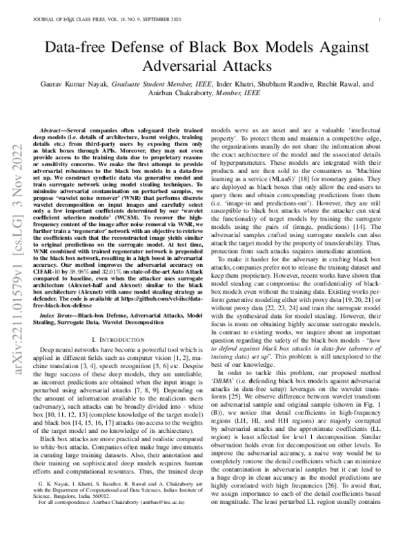 (PDF) Data-Free Defense of Black Box Models Against Adversarial Attacks