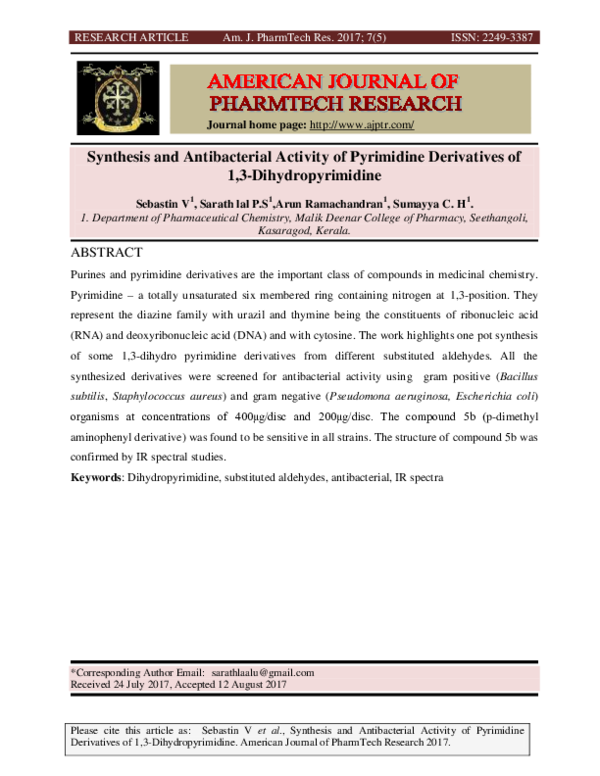 (PDF) Synthesis and Antibacterial Activity of Pyrimidine Derivatives of ...