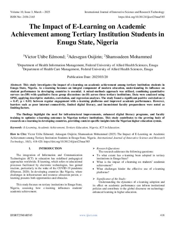(PDF) The Impact of E-Learning on Academic Achievement among Tertiary ...