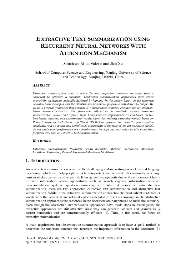 (PDF) Extractive Text Summarization using Recurrent Neural Networks ...