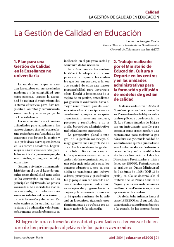 (PDF) La gestión de la Calidad en Educación