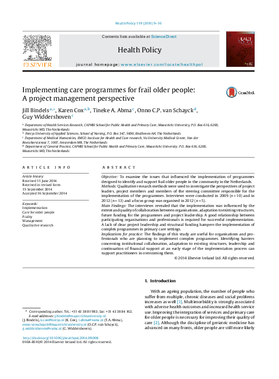 (PDF) Implementing care programmes for frail older people: A project ...