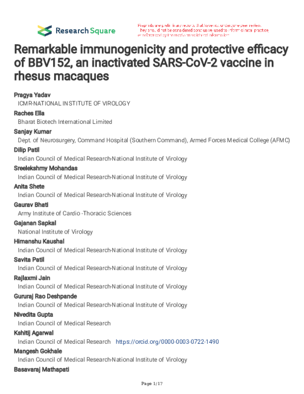 (PDF) Remarkable immunogenicity and protective efficacy of BBV152, an ...
